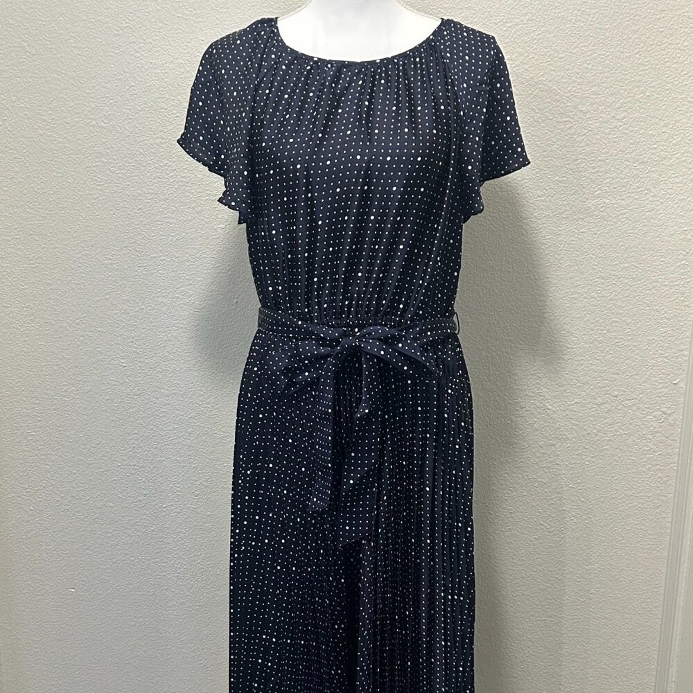 Free Assembly pullover polka dot dress, pleated skirt, midi length, sash belt, M